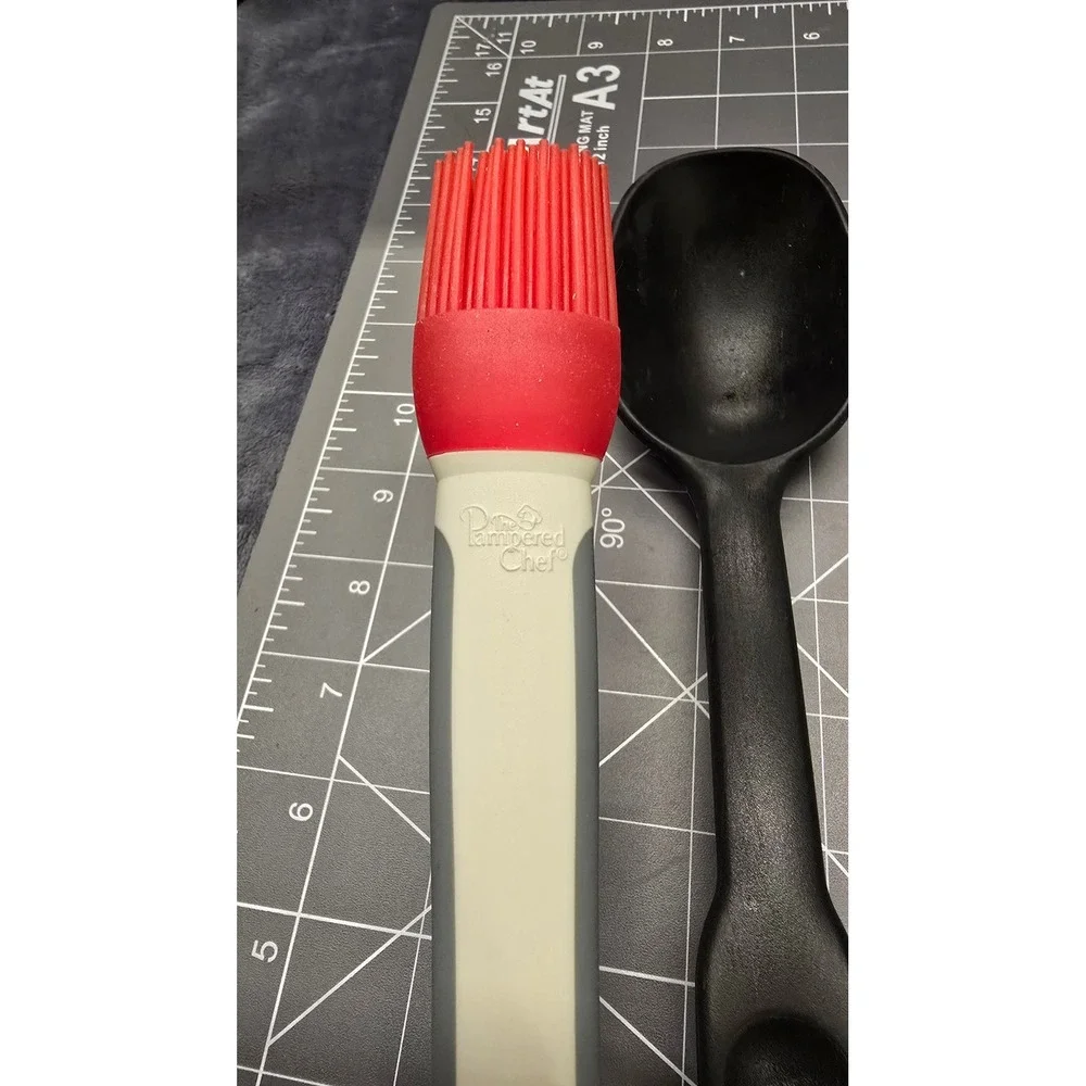 Pampered Chef Silicone Basting Brush and Black Mixing Spoon Kitchen Tool Set